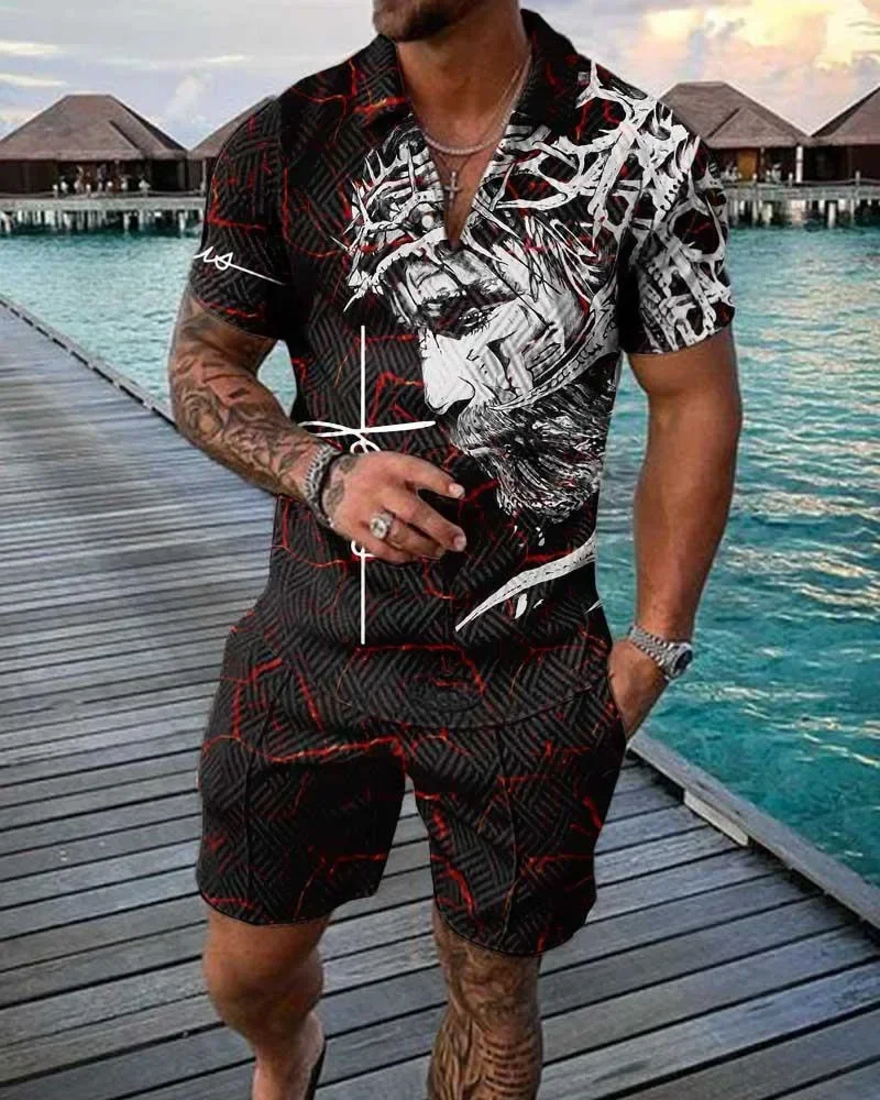 

Забавные мужские комплекты из 2 предметов с 3D принтом, модная рубашка поло + шорты, повседневные рубашки на молнии с короткими рукавами, летняя уличная одежда в стиле хип-хоп