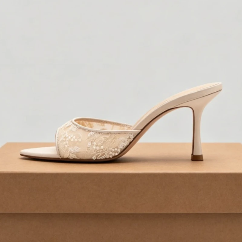 Mesh Embroidered Women Sandals Brand Summer 2026 Pointed-Toe Mules Bling Details Stiletto Slides Elegant Heels for Ladies