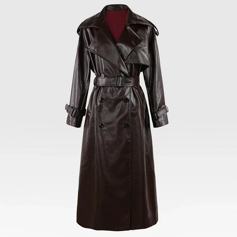 Autumn Winter Long Red Black Pu Leather Trench Coat for Women Double Breasted Luxury Elegant Chic Overcoat