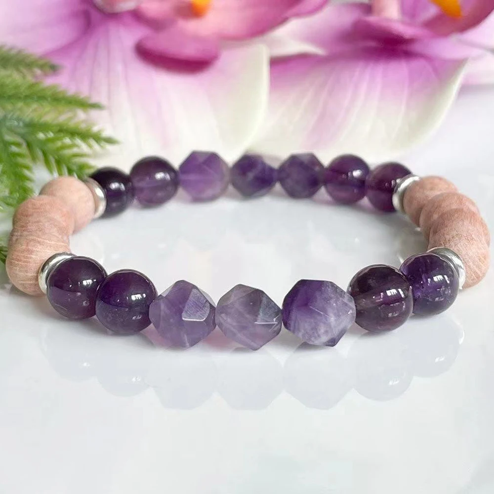 MG1576 Women`s Amethyst Rosewood Beaded Bracelet Natural Gemstone Bracelet Healing Crystals Wrist Mala for Energy Protection