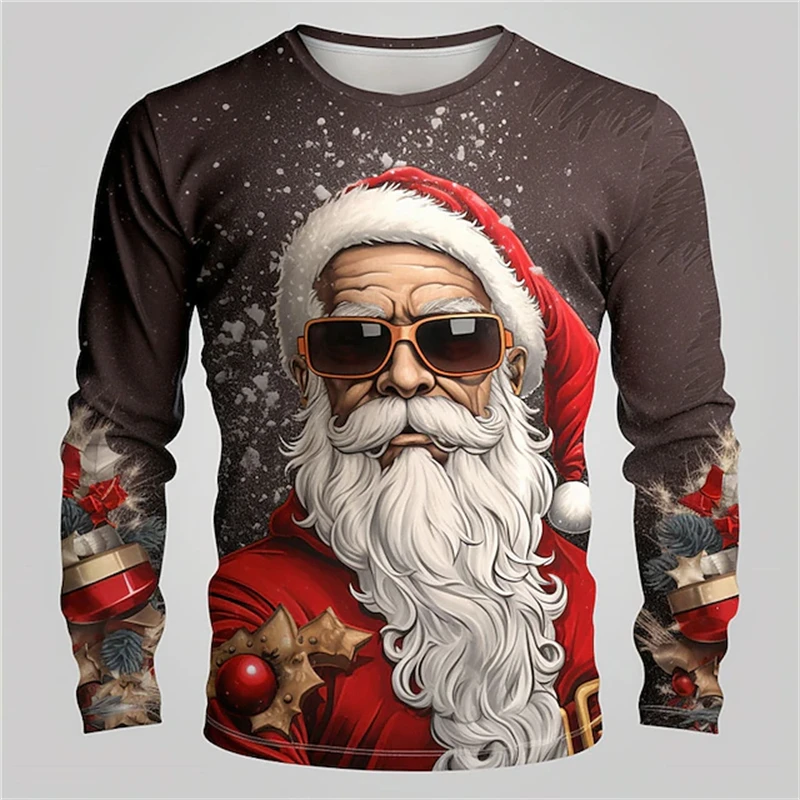 Camiseta de Navidad de manga larga para hombres y mujeres Tops casuales rojo deslumbrante patrón de Santa Claus para hombres otoño camiseta de Navidad