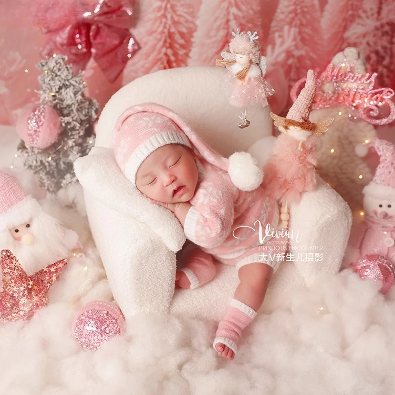 الوليد التصوير الدعائم الوردي رومانسية عيد الميلاد موضوعات محبوك الزي يتساقط الثلج خلفية الانتحال أريكة عيد الميلاد الديكورات لالتقاط الصور