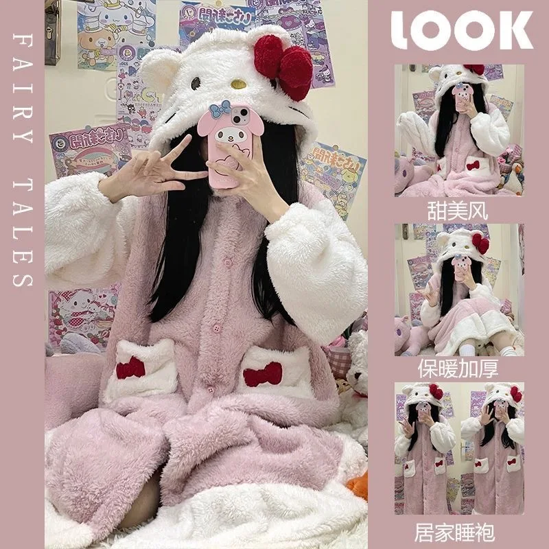 NEW 2024 Hello Kitty Pajamas Women'S Autumn And Winter Coral Velvet Thickened Bathrobe Cute Winter Nightgown Long Women'S Suit