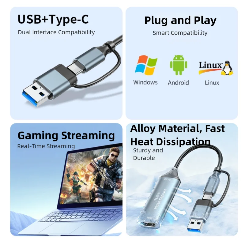 4K Input HDMI Video Capture Adapter USB3.0 USB‑A & Type‑C 1080P 60FPS Game Grabber for Switch PS5 Camera Live Streaming Recordin