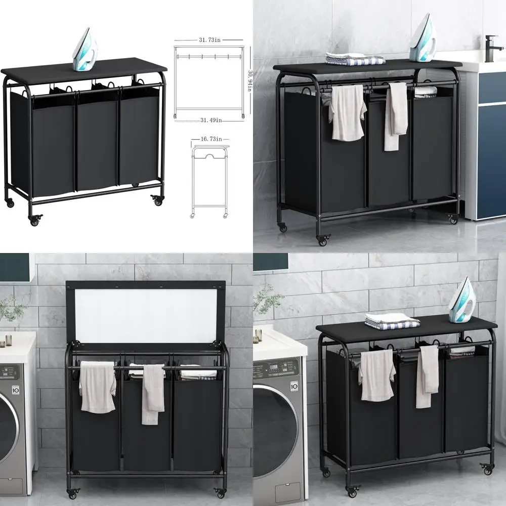 

Сверхмощный рулонный сортировщик белья с запираемыми колесами, гладильной доской и съемными сумками, черный