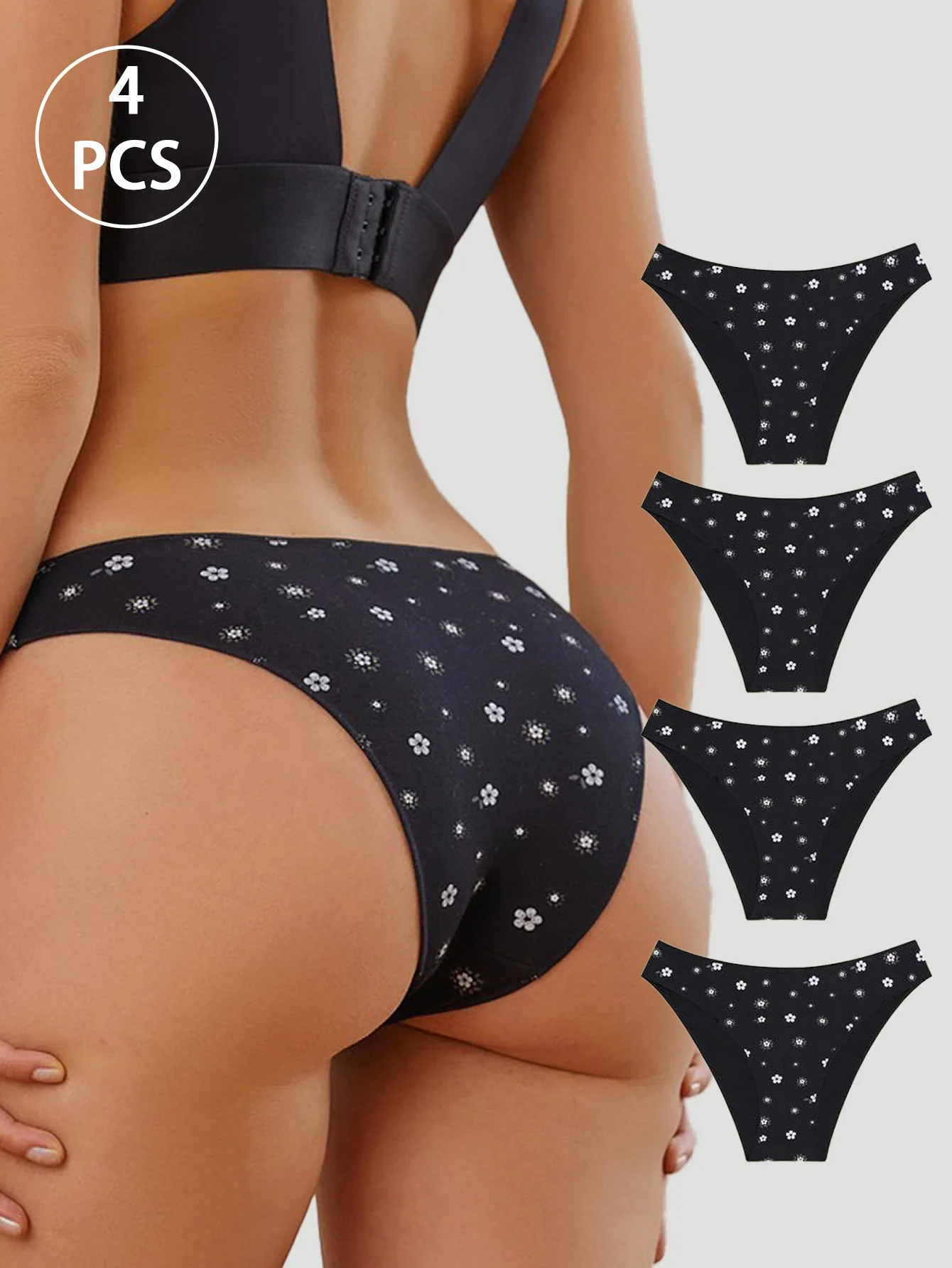 

4Pcs Women's Soft - Fabric Black Floral - Patterned Briefs, 4 - Piece Pack for Comfort and Style