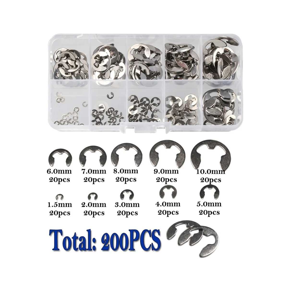 200 PCS 304 Stainless Steel E Clip Washer Assortment Kit Circlip Retaining Ring for Shaft Fastener M1.5-M10