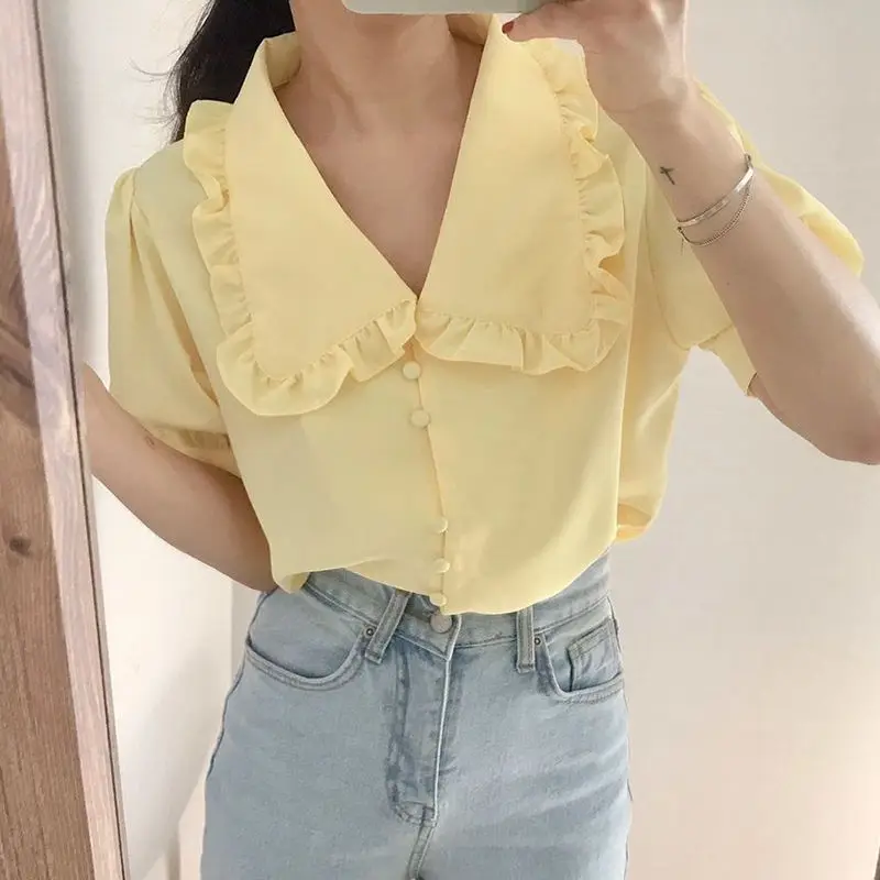 Women Blouses Solid Ruffles Sweet Short Sleeve Peter Pan Collar Tender Elegant Teens All-match Retro Ulzzang Lovely XS-3XL Daily