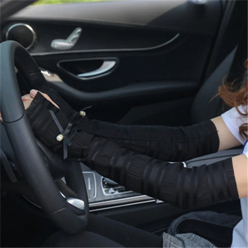 Elegant Women Bow Pearl Thin Long Gloves Summer Driving Cycling Sexy Sunscreen Anti-UV Elastic Mittens Sun Block Arm Warmers New