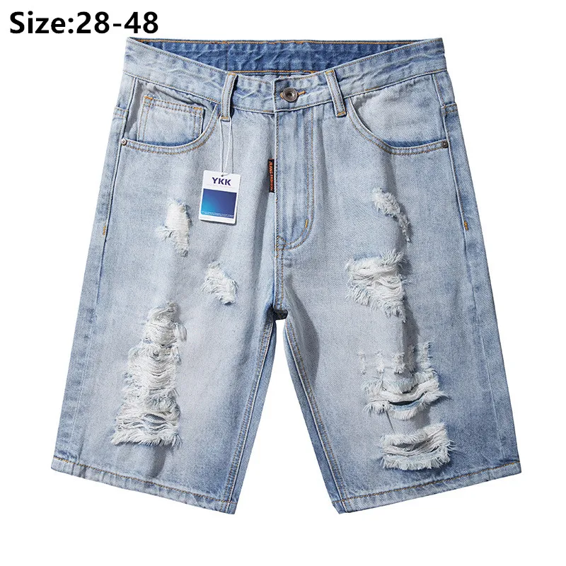 

Fashion Scratched Cotton Denim Shorts Men Boys Summer Ripped Distressed Plus Size 42 44 48 Half Jeans Teenagers Male Trousers