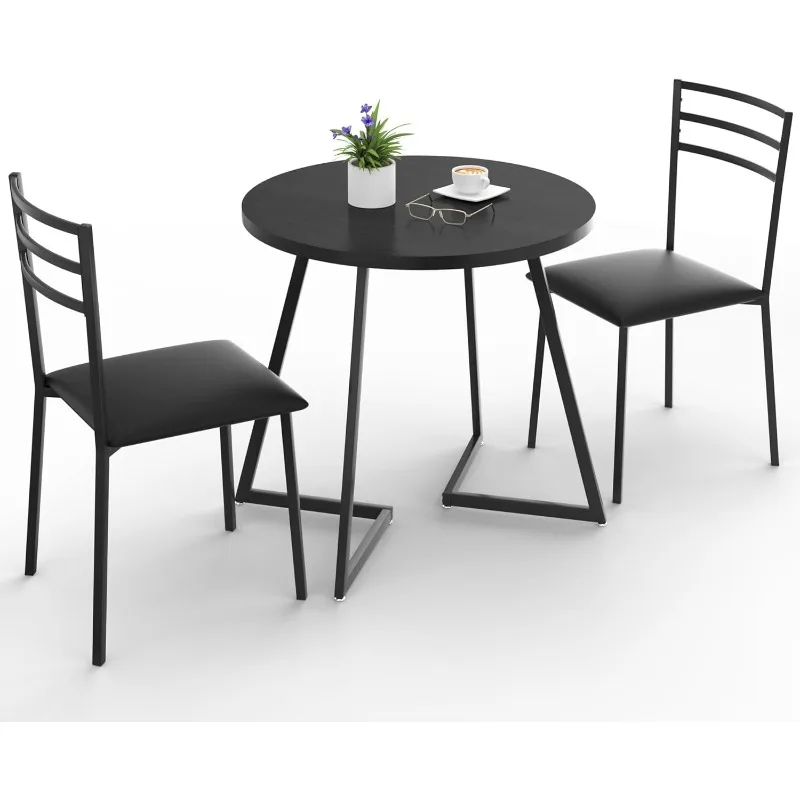 Small Round Kitchen Table with 2 Upholstered Chairs, 3-Piece Wood Dinette Sets with Steel Frame for Breakfast Nook, Dining Room