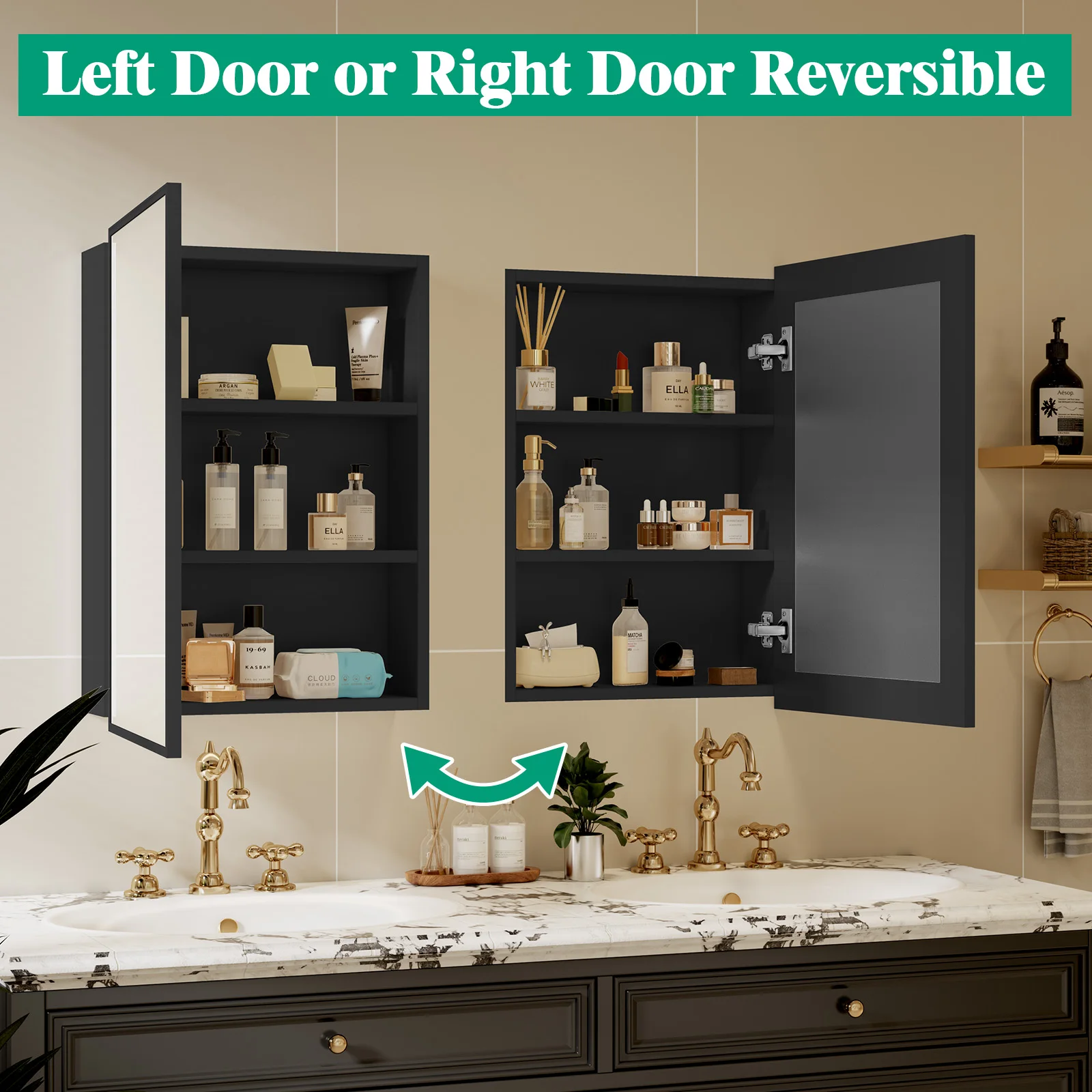 خزانة طبية للحمام باللون الأسود مع خزانة مرآة مثبتة على الحائط مقاس 16 بوصة × 22 بوصة #6