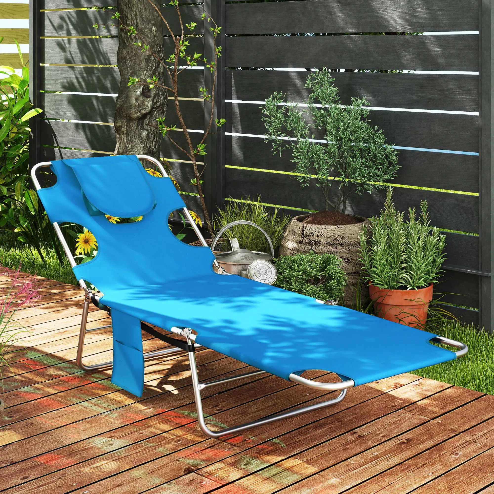Outdoor Recliner Chair Portable Adjustable with Face Groove Light Blue