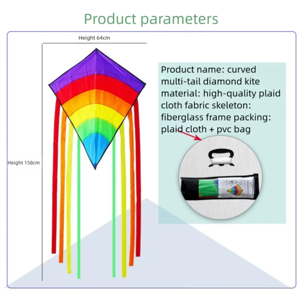 Easy To Fly Colorful Rainbow Kite with Multiple Tails 80 Meter Kite Line Beach Diamond Kite Ripstop Good Flying Children's Kite