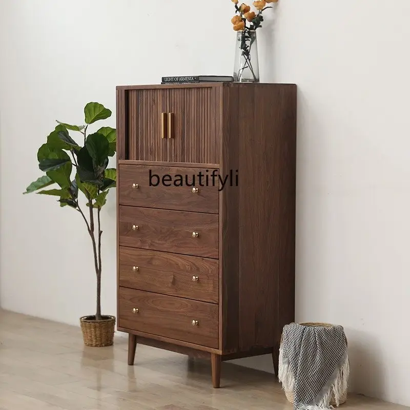 Solid Wood Four-Bucket Cabinet Restaurant Side Cabinet Black Walnut Bedroom Locker Nordic High Cabinet