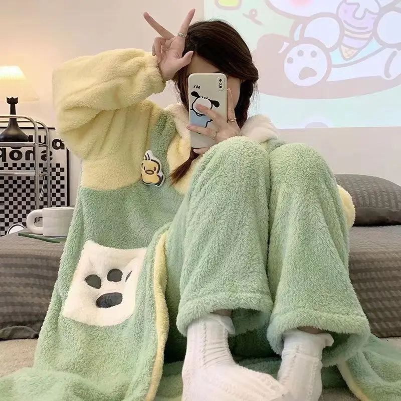 Kawaii Sanrio Pochacco Pajamas Skirt Winter Thickened Home Clothing Cartoon Can Be Worn Externally Christmas Gift Toys For Girls