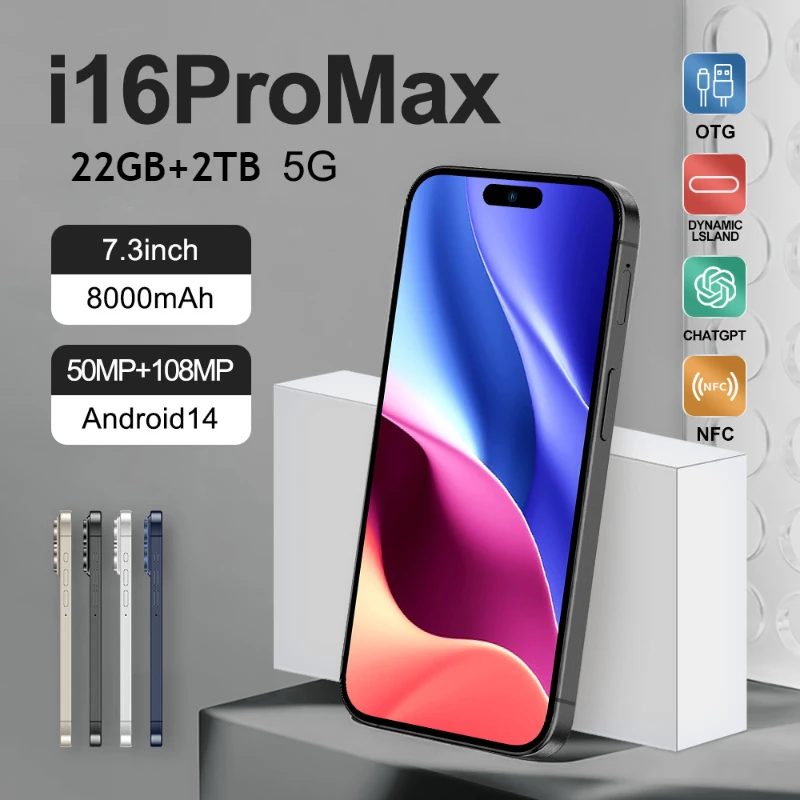 

2025 Original I16 Pro 7.3 Inch HD 5G Smartphone Android14.0 22GB+2TB Dual SIM 8000mAh 50+108MP Camera Original Mobile Phones