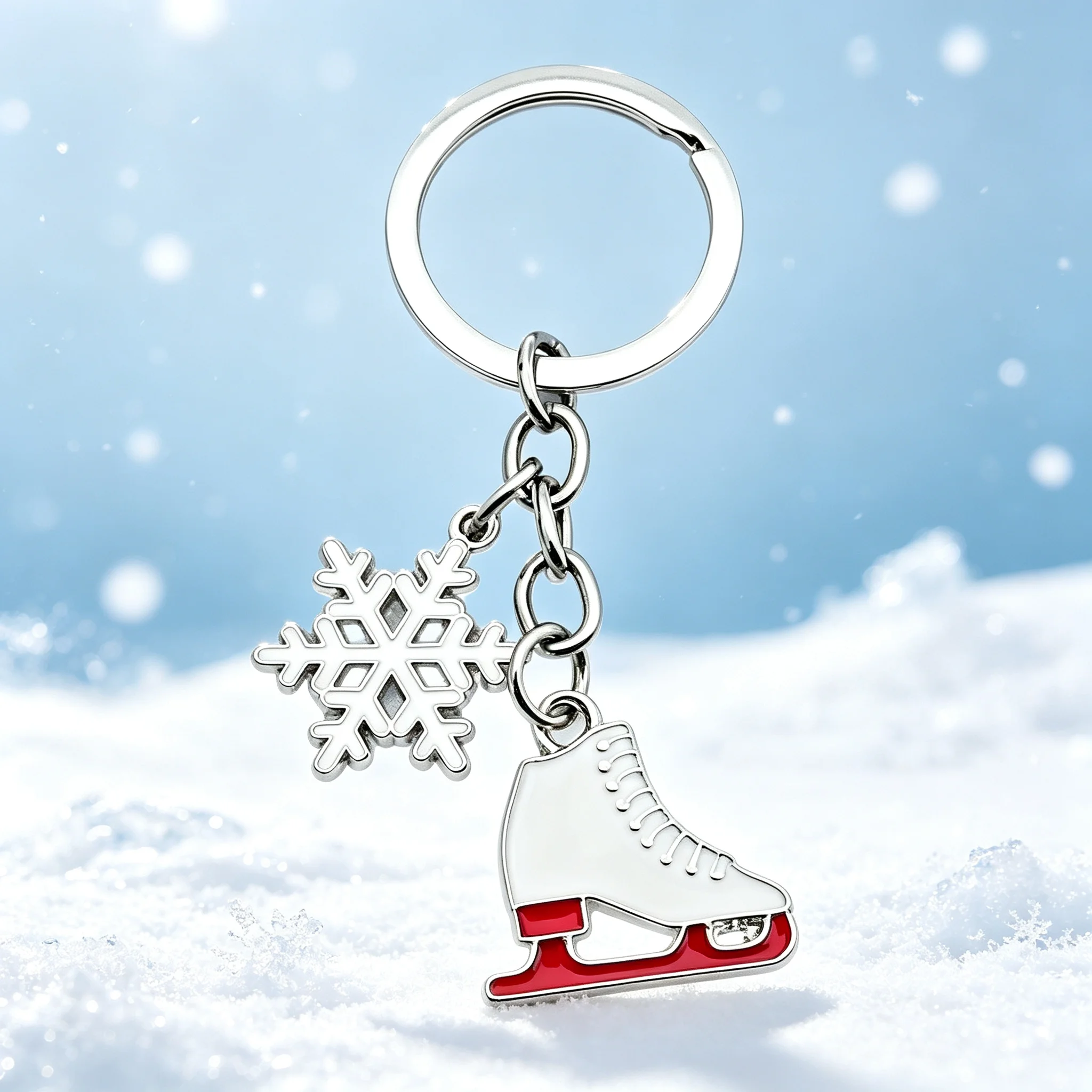 Schlüsselanhänger Eisschlittschuh & Schneeflocke Legierung Weiß Rot Emaille Niedlicher Winter-Taschenanhänger Weihnachtsgeschenk Damen Sport-Urlaubszubehör – Detail 8