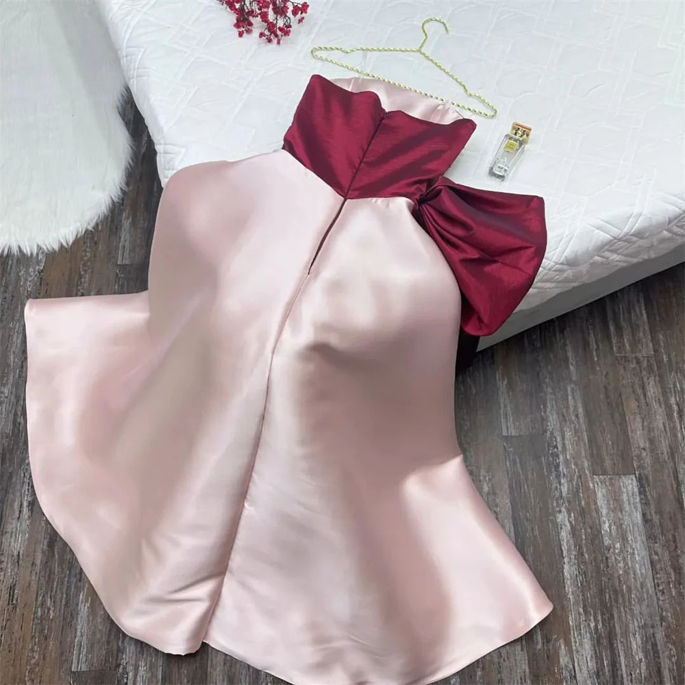 Customized Strapless Neck Bow Ruffle A Line Satin Formal Occasion Evening Gown Kaaba Eid  Evening Dress