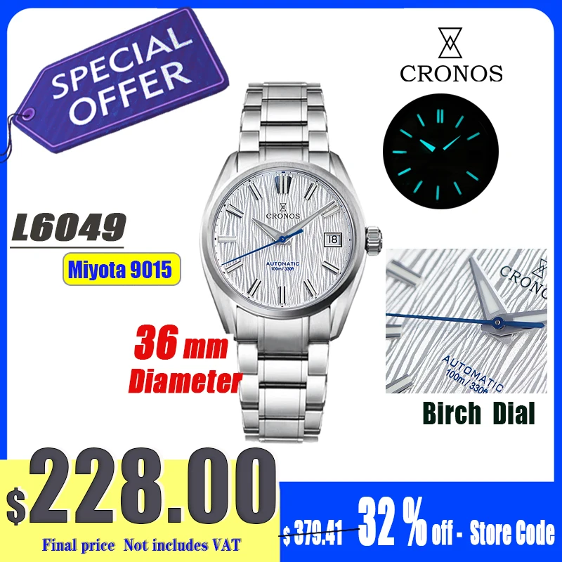 

CCronos Men Watches 36mm Automatic PT5000 Miyota 9015 Movement Wristwatches White Dial Birch Pattern Sapphire 10 ATM L6049M