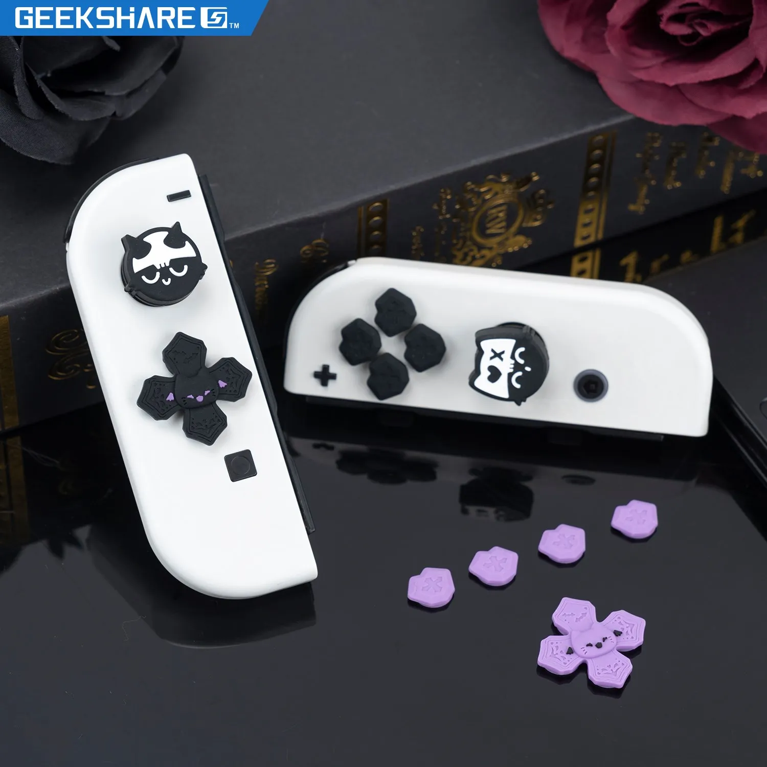 GeekShare Cute Cats D-pad Cross Direction Button ABXY Key Cover Thumb Stick Grip Caps For Nintendo Switch NS Joy-con Skin Case