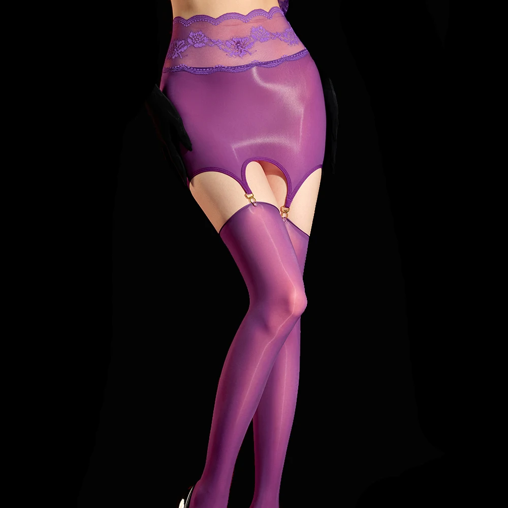 Sexy Women‘s Lace Satin Smooth Oil Shiny Glossy High Stockings Vintage Tights Yoga Shaping Elastic Maid Stockings Over The Knee