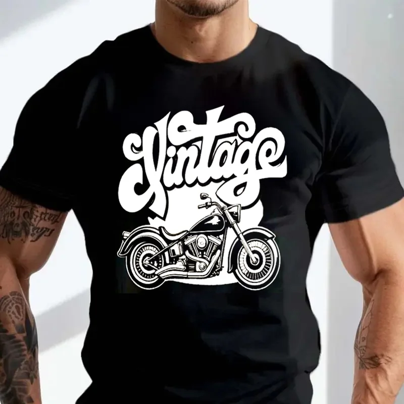 

Vintage Motorcycle Graphic Cotton Short Sleeve T-Shirt For Men And Women - Retro Cursive Design Casual Tee Top