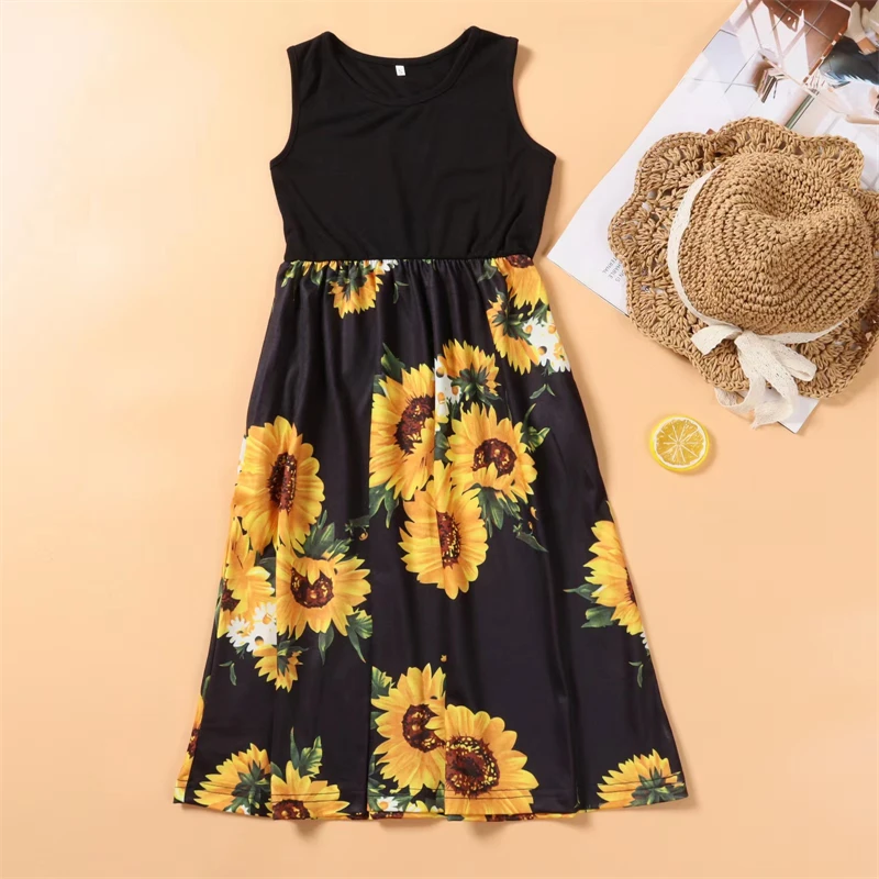 2024 Sunflower Mother Daughter Dresses Family Set Sleeveless Mommy and Me Matching Clothes Fashion Woman Girl Long Dress Outfits