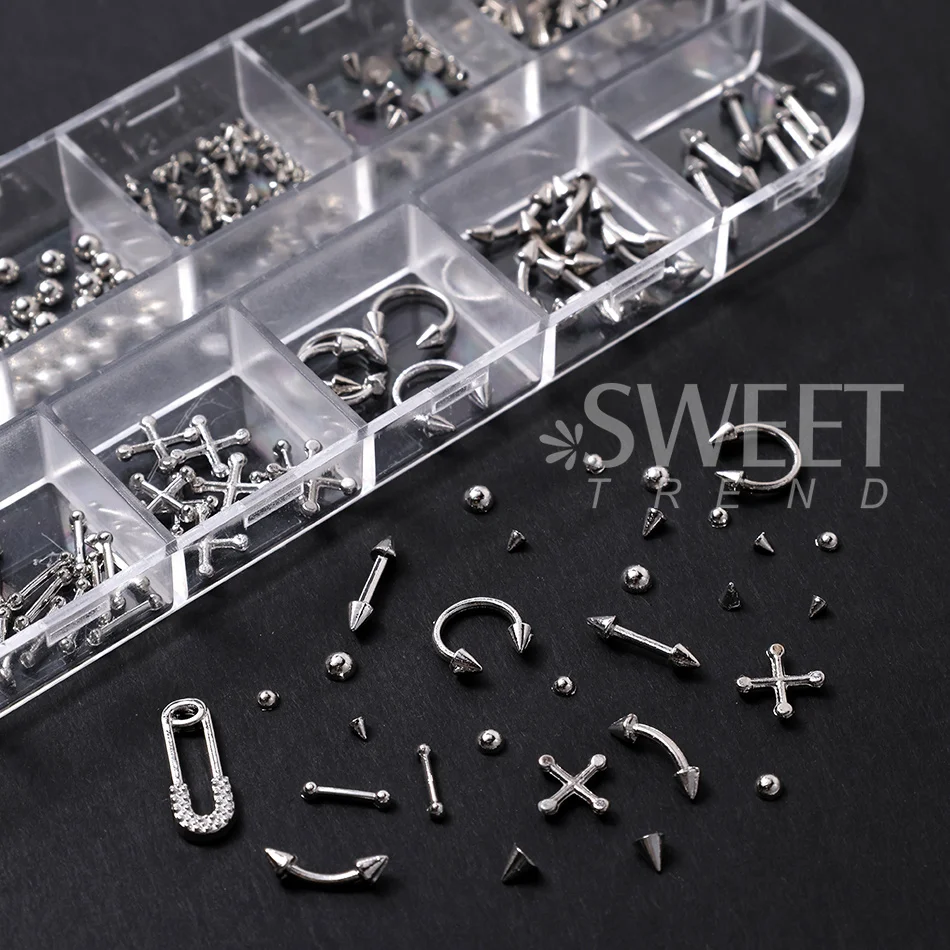 12er-Set Gothic Punk Piercing Kurvenpfeil Silber Nagelnieten Y2K Perlen Kegelnieten Nagelteile DIY Halloween Maniküre Dekoration – Detail 4