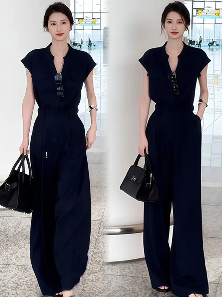 엘리 하이웨이스트 원피스 팬츠 여성용 패셔너블 여름 슈트 슬리밍 플러스 사이즈 트렌디 세트 출퇴근 스타일 리벳 장식...