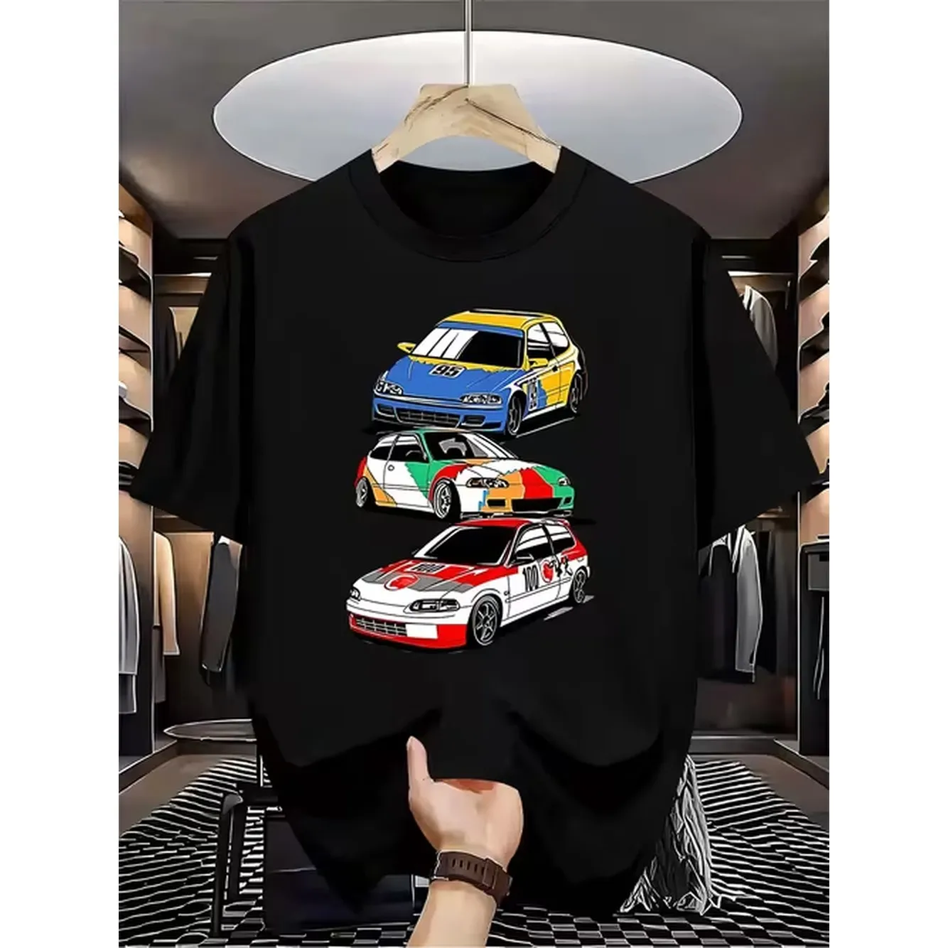 Fashionable Mens Clothingmens Casual Short Sleeve T Shirt Racing Pattern Print Black Crew Neck Summer Breathable Style Suitable For Motorcycle Enthusiasts Durable Fabric Spring Fashion Machine Washable Outdoor Clothing