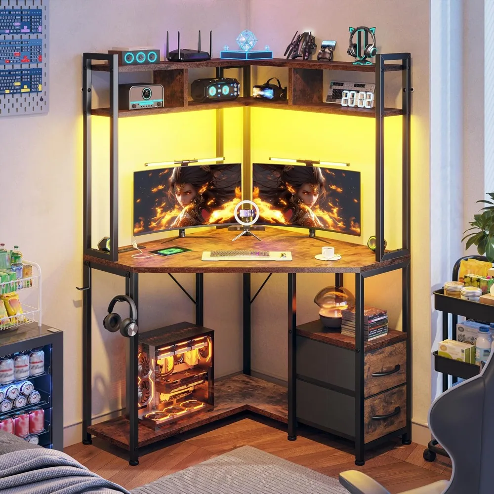 

Corner Desk,35.4" W x 63"HSmall Computer Desk and Office Desk with Hutch & LED Lights，Gaming Desk with Storage Drawers & Shelves