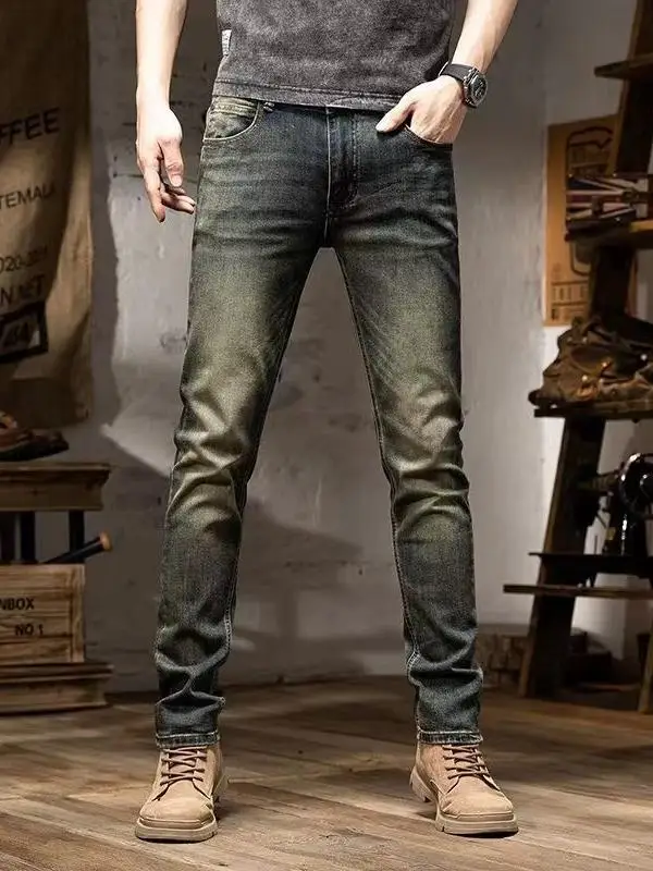 

Джинсы с американской талией в стиле ретро, мужские модные тонкие прямые брюки, весенне-осенние повседневные длинные брюки, эластичные брюки со средней заниженной талией