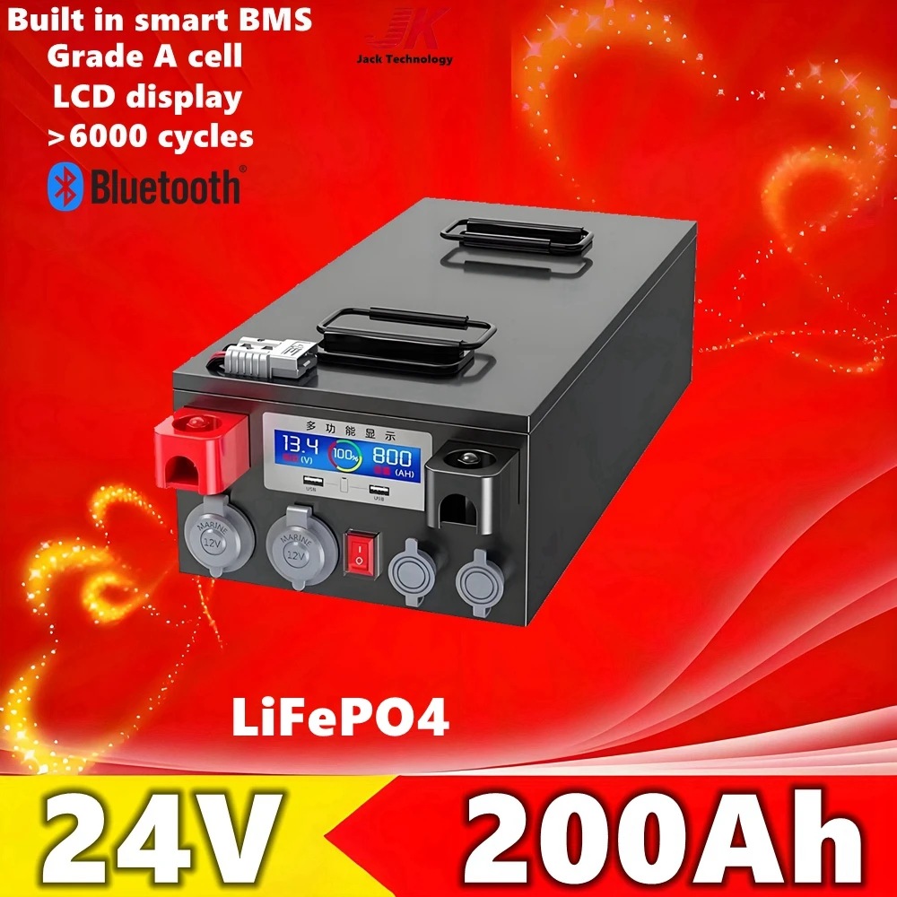 

JK factory outlet 24V 200ah Built in smart BMS Lifepo4 Battery Rechargeable for 1KW 2KW 3KW 4KW Solar System Outdoor RV