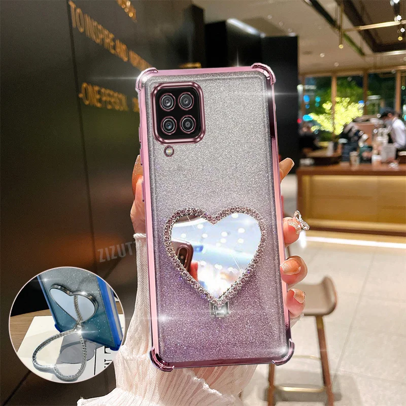Love Heart Makeup Mirror Glitter Luxury Ring Phone Holder Case On For Samsung Galaxy A12 Girl Woman Used Anti-knock Stand Cover