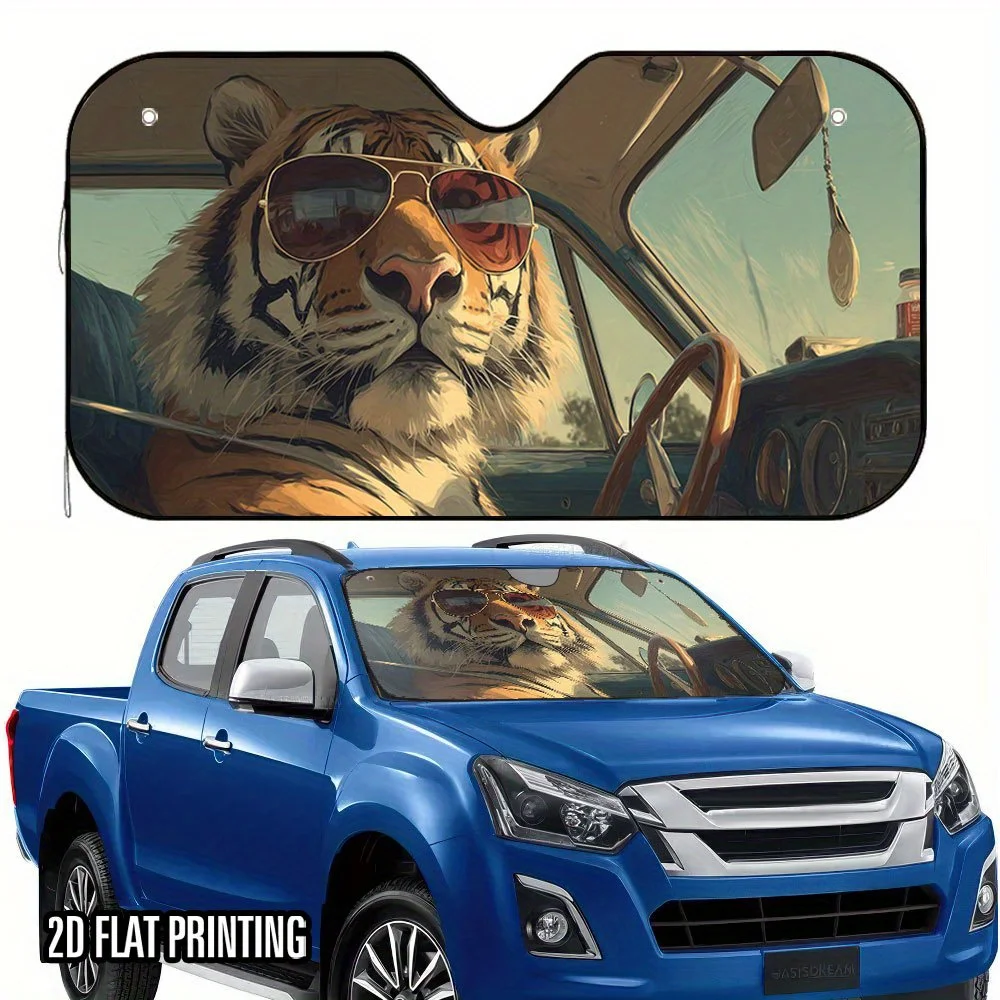 1pc 2D Flat Tiger Driver Design Car Sunshade - Foldable Space-Saving Fit For SUVs Sedans Vans Trucks, 4 Suction Cups For Easy In