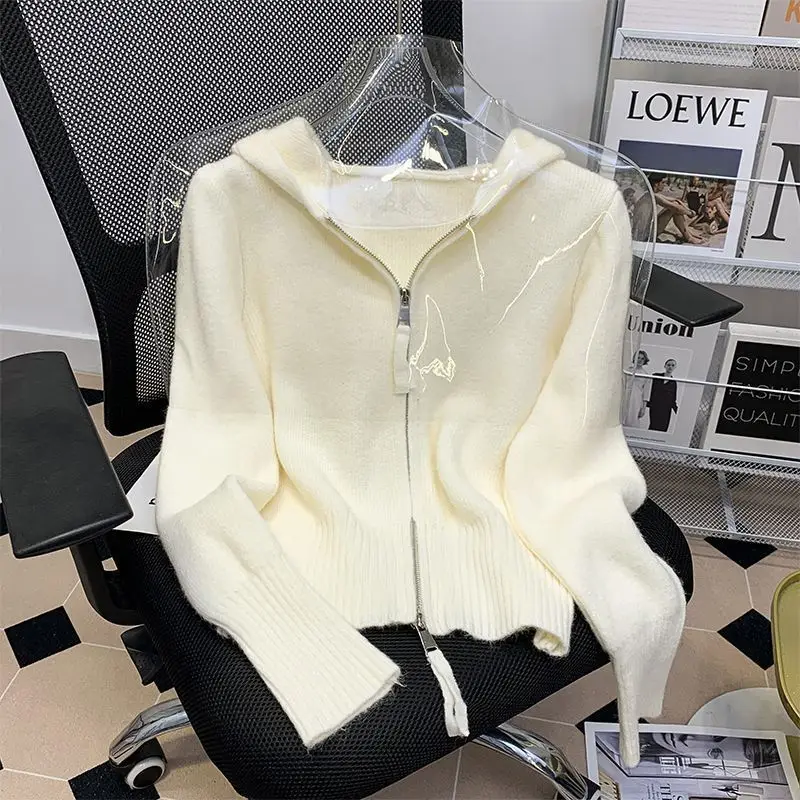 Autumn Winter Pink Knitted Cardigan Hooded Zipper Jackets Sweaters Short Tops Streetwear Design Trend Coats Loose Lazy Coat New
