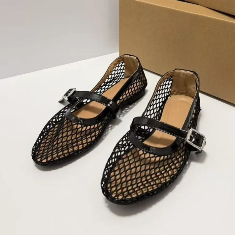 2026年夏-レディース-メリージェーンシューズ-通気性のあるメッシュ-ラウンドトゥ-バックルストラップ-カジュアルで快適なレディース-バレエフラット