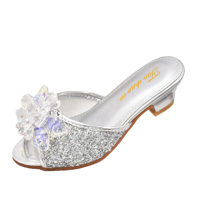 Girls Princess Slippers New Fashion Kids Soft Bottom High Heels Sandals Children Crystal Shoe Wedding Party Performance Slippers