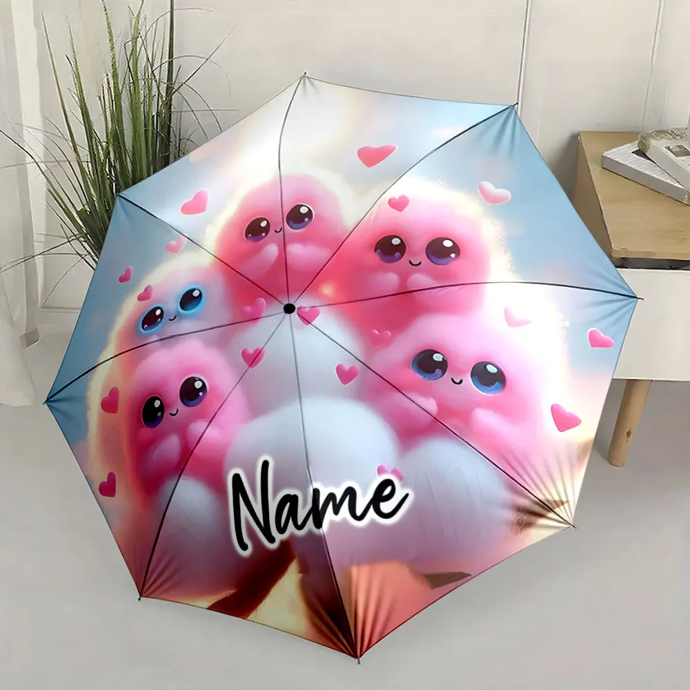 Custom Name  Adorable Pink Fluffy Creatures Umbrella Design Print 8 Iron Ribs Folding Umbrella Auto-Open Fashion Sunshade