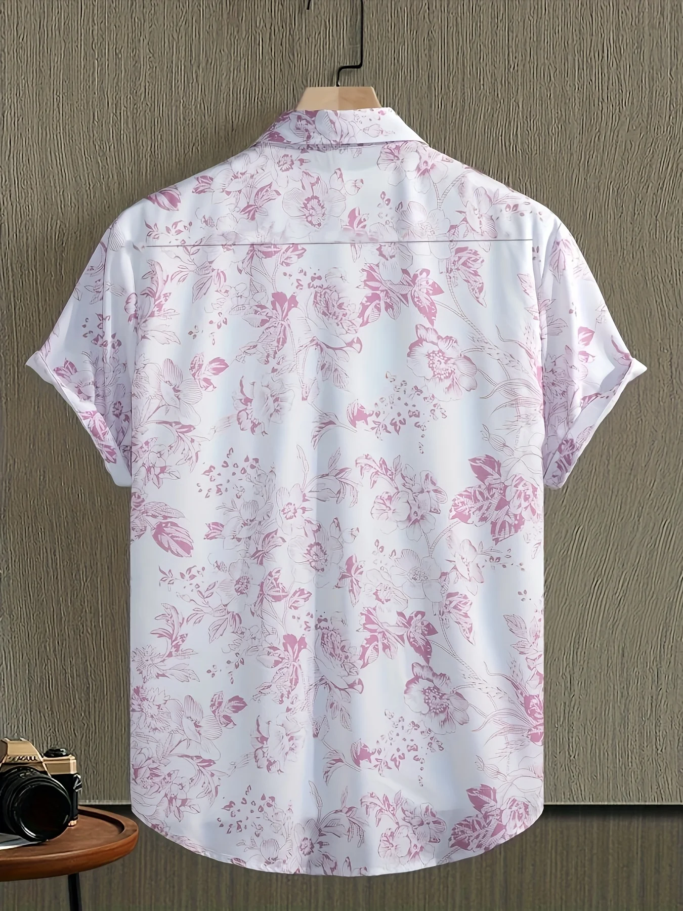Men White Light Pink Ink Wash Rose Floral Gentle Style Short Sleeve Casual Shirt