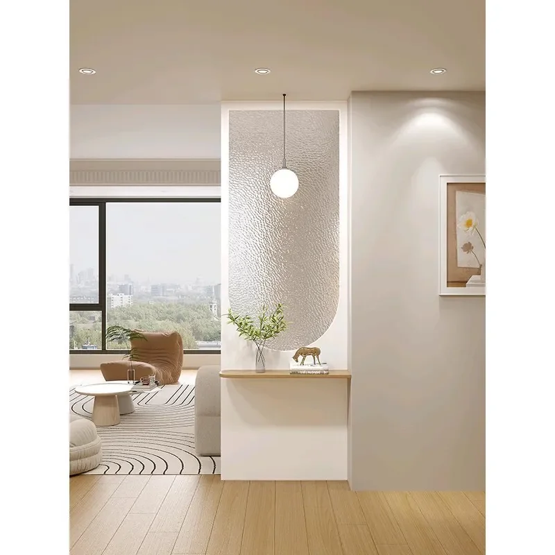 French Cream Style Solid Wood Corrugated Partition Screen with Changhong Glass Half Wall Divider for Entryway Living Room