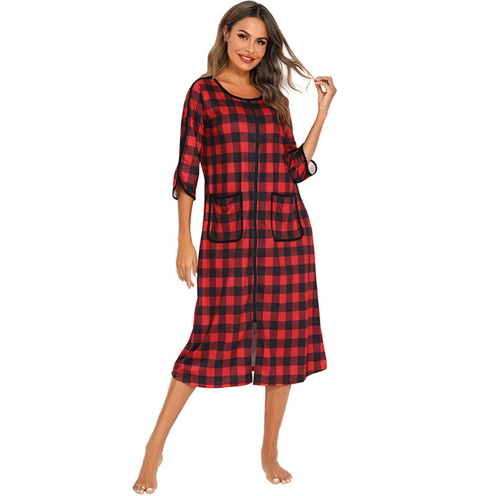 WBQ Soft Striped Autumn Women Sleepshirt Loose Nightgowns Spa Bathrobe Zipper up Sleepdres House Coat  Crewneck Soft Loungewear