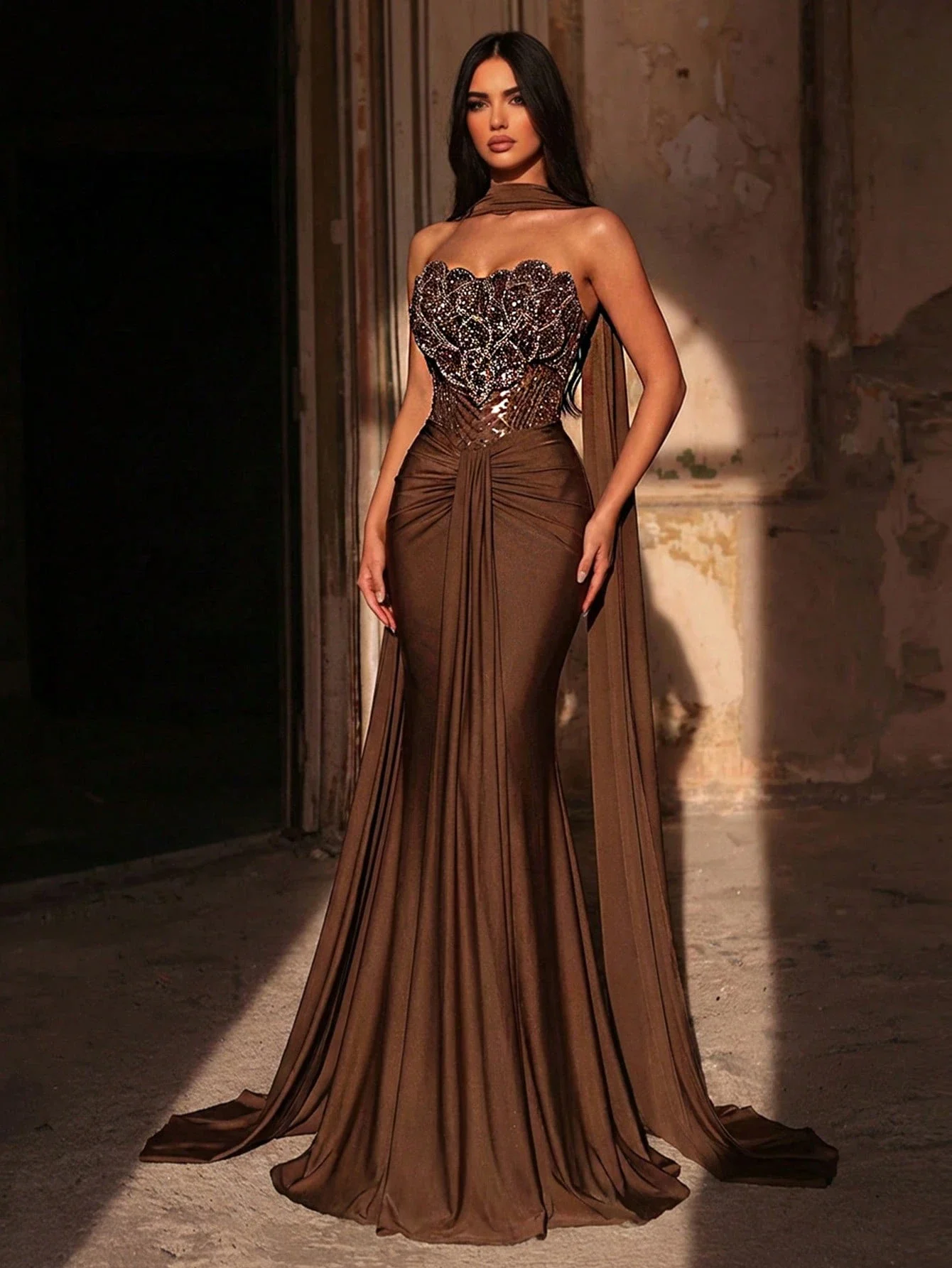 Brown Beaded Sequin Mermaid Evening Dress With Draped Cape And Ruched Bodice For Formal Wear