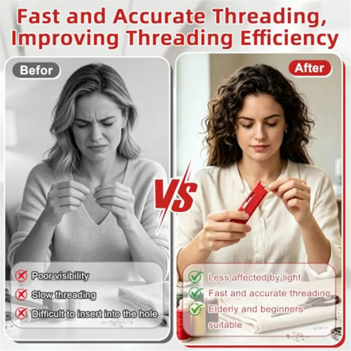 4-in-1 Quick Threader for Sewing Machine with 2 Pcs Threaders, Seam Ripper, Magnifier, Magnetic Guide