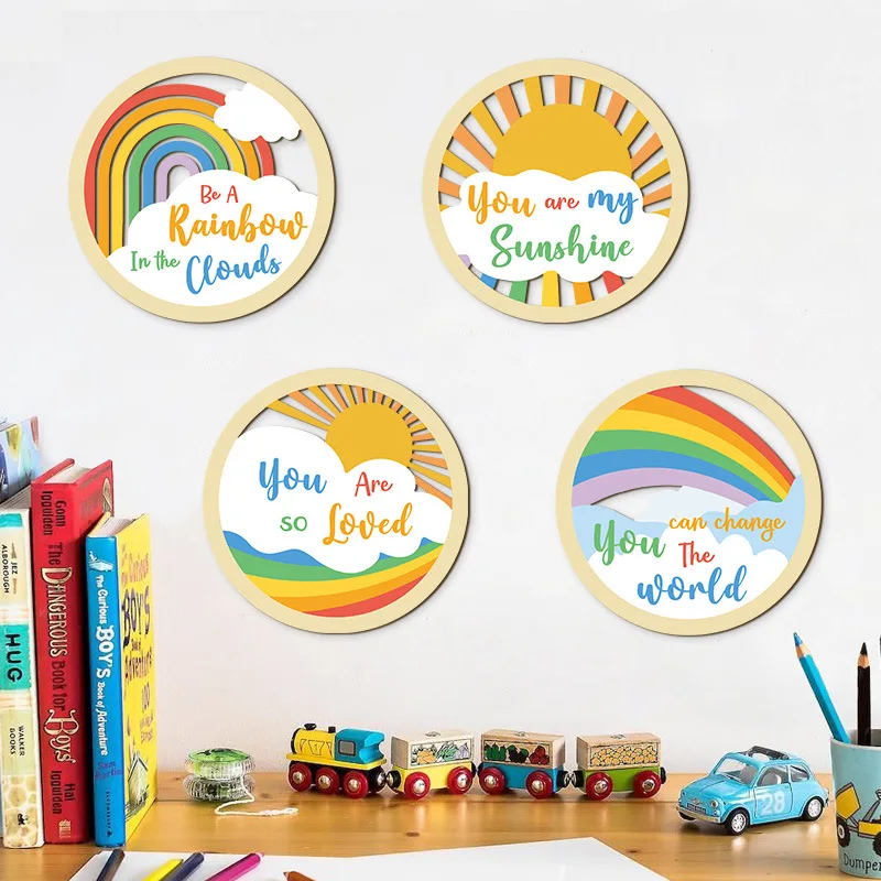

4pc Bohemian Rainbow Wooden Wall Ornament Round Wood Hollow Rainbow Cloud Sun Wall Art Set Crafts Living Room Hanging Sculptures