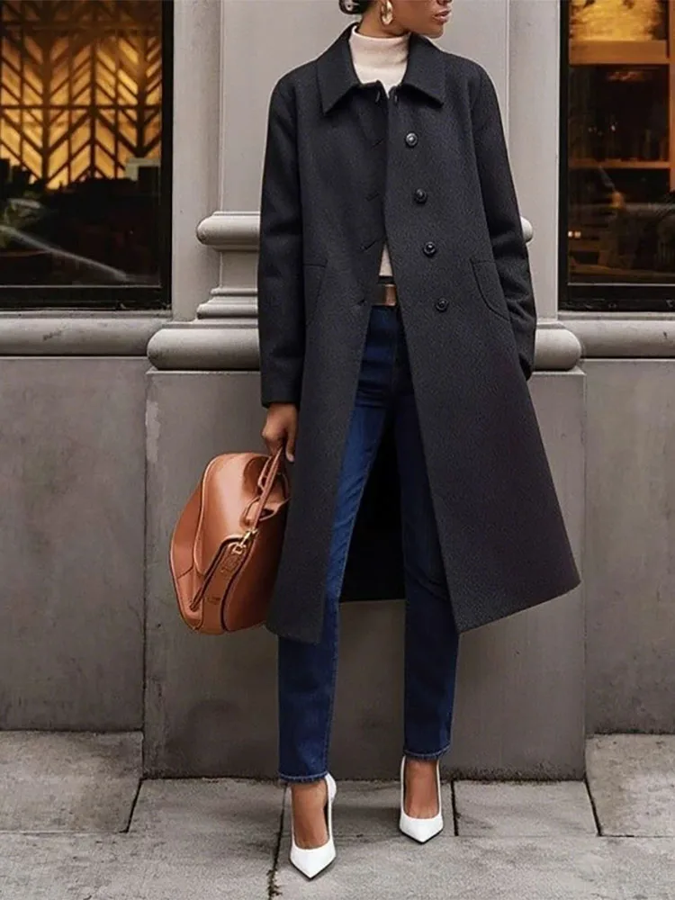 Cappotto elegante stile pendolare OL Cappotto da donna con bottoni bavero alla moda Giacca spessa di media lunghezza Cappotto casual con tasca in tinta unita a maniche lunghe