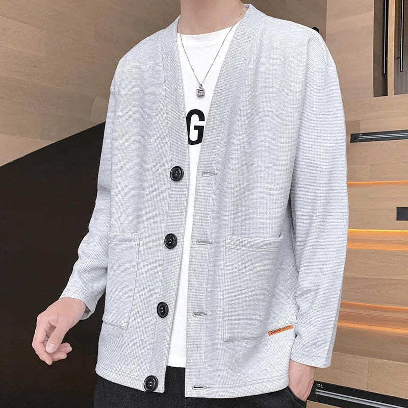

V-neck Cardigan Sweatshirt for Men, Solid Color Patch Pocket Cardigan Jacket, Waffle Texture, College Style Trend