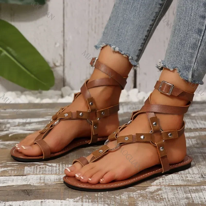Summer Shoes Plus Size Clip Toe Women's Sandals Casual Women Rivet Buckle Strap Sandales Femmes Flat Ankle-wrap Shoes for Women image 6