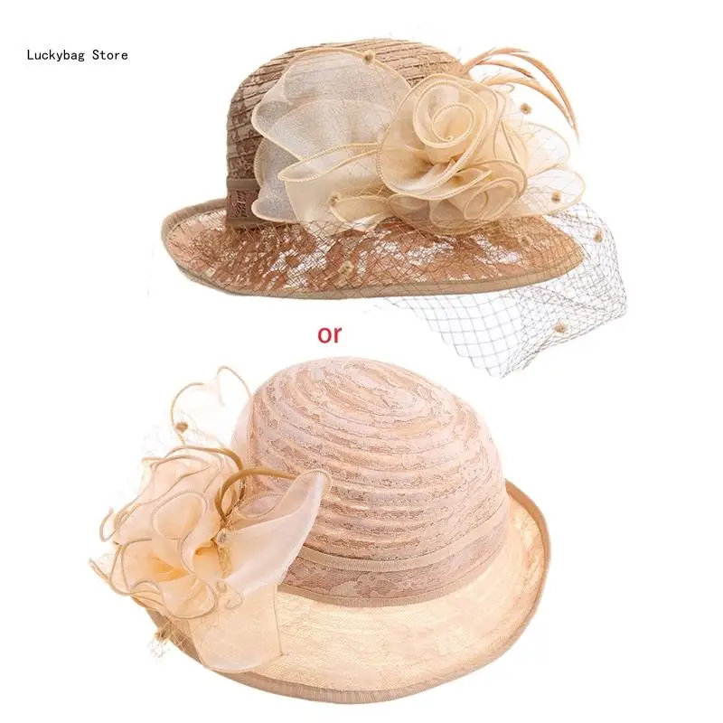 

Women Retro Church Lace Cloche Hat Elegant Mesh Veil Floral Roll Up Brim Sunscreen Foldable Wedding Fascinator